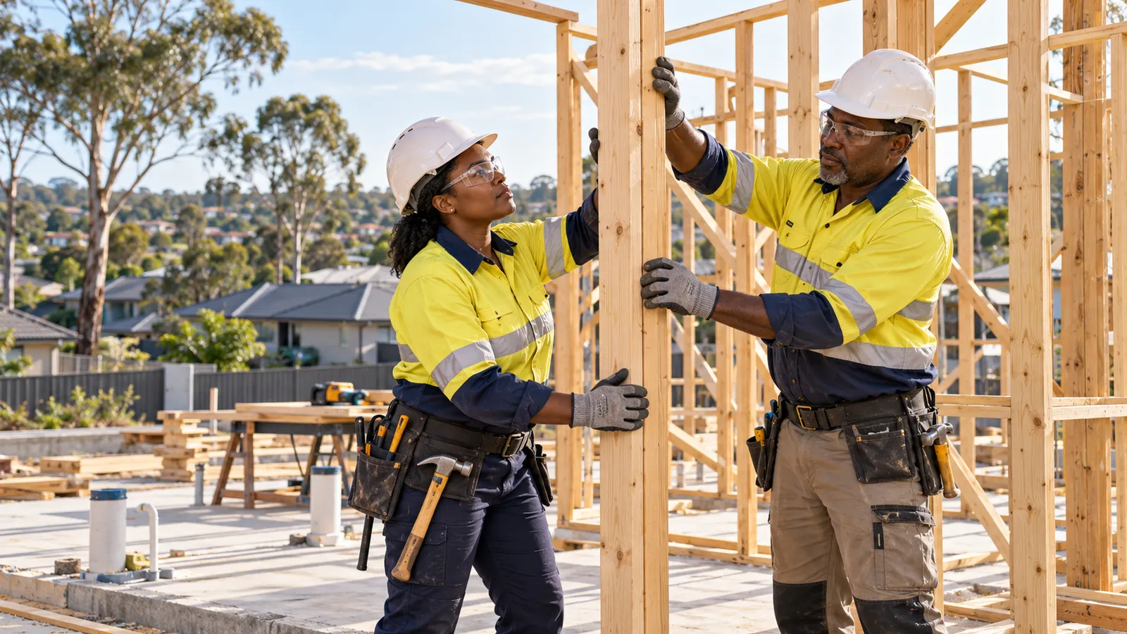 Two carpenters in safety gear position timber framing at a sunlit Australian housing construction site.