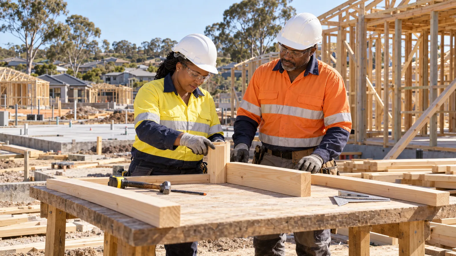 Two builders in safety gear inspect a timber joint at a sunlit Australian housing construction site.