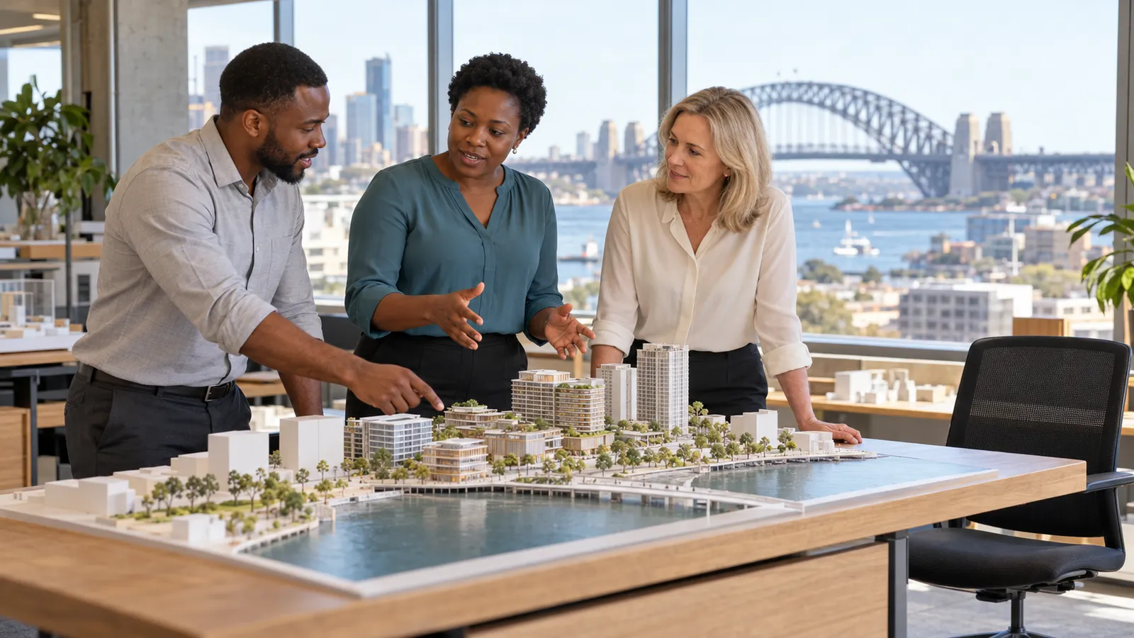 Three colleagues discuss an architectural model in a sunlit studio overlooking Sydney Harbour Bridge.