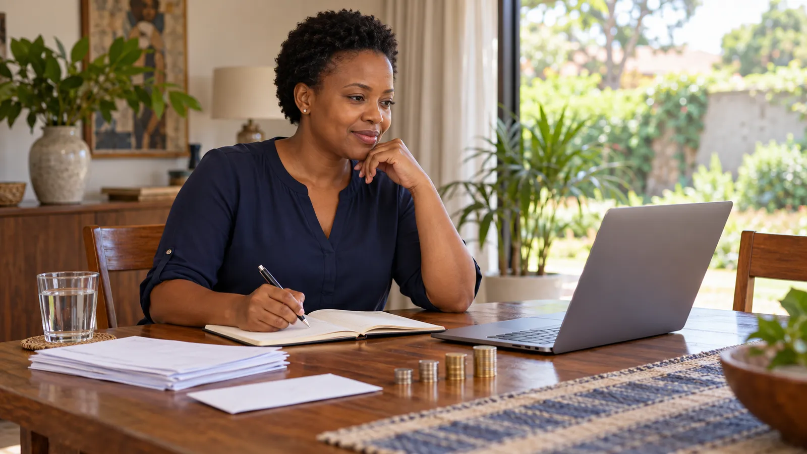 A Zimbabwean woman budgets at a sunlit home table with a laptop, notebook, papers and stacks of coins.