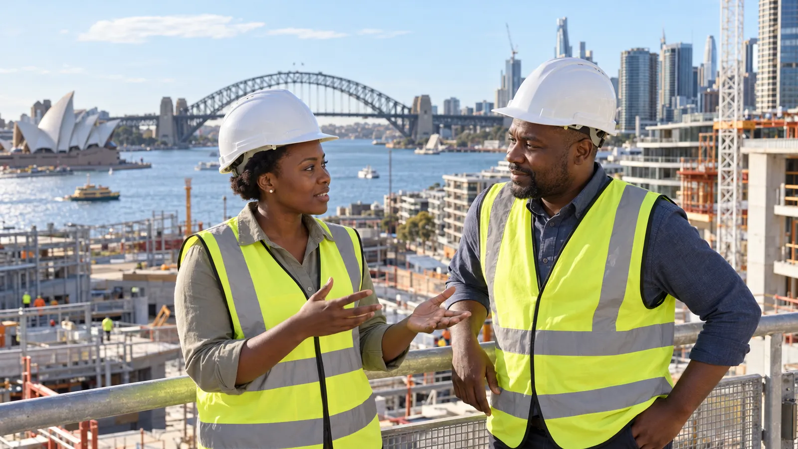 Two professionals in hard hats and safety vests talk at a construction site overlooking Sydney Harbour.