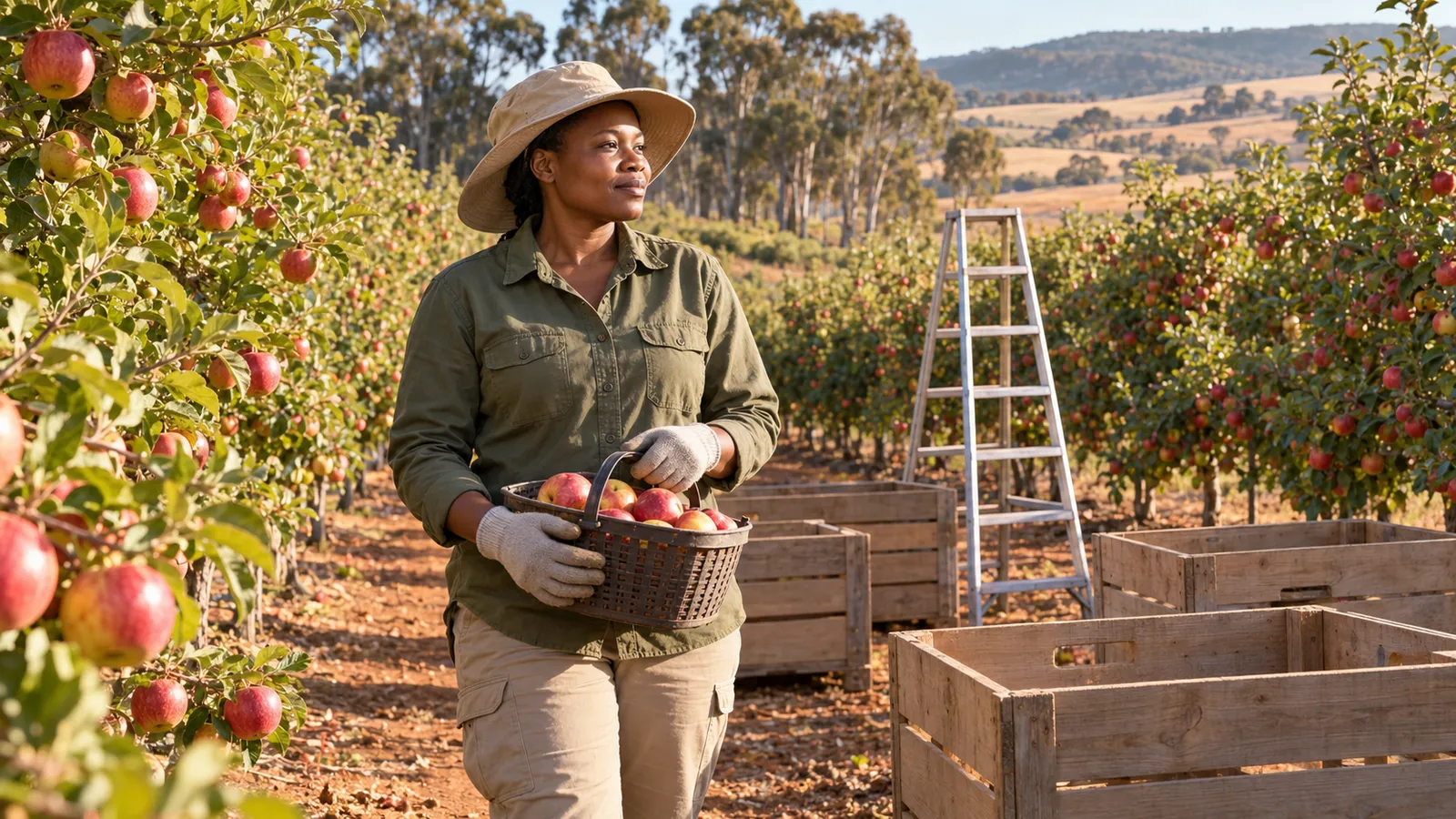 A woman holds a basket of apples beside empty harvest crates in a sunlit Australian orchard.