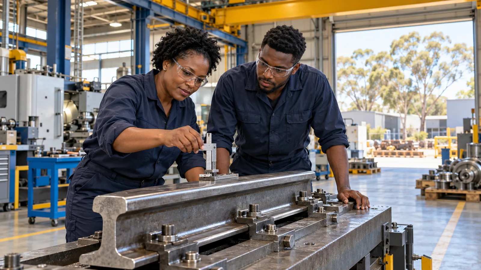Two workers in safety glasses measure a steel rail assembly inside a sunlit Australian workshop.