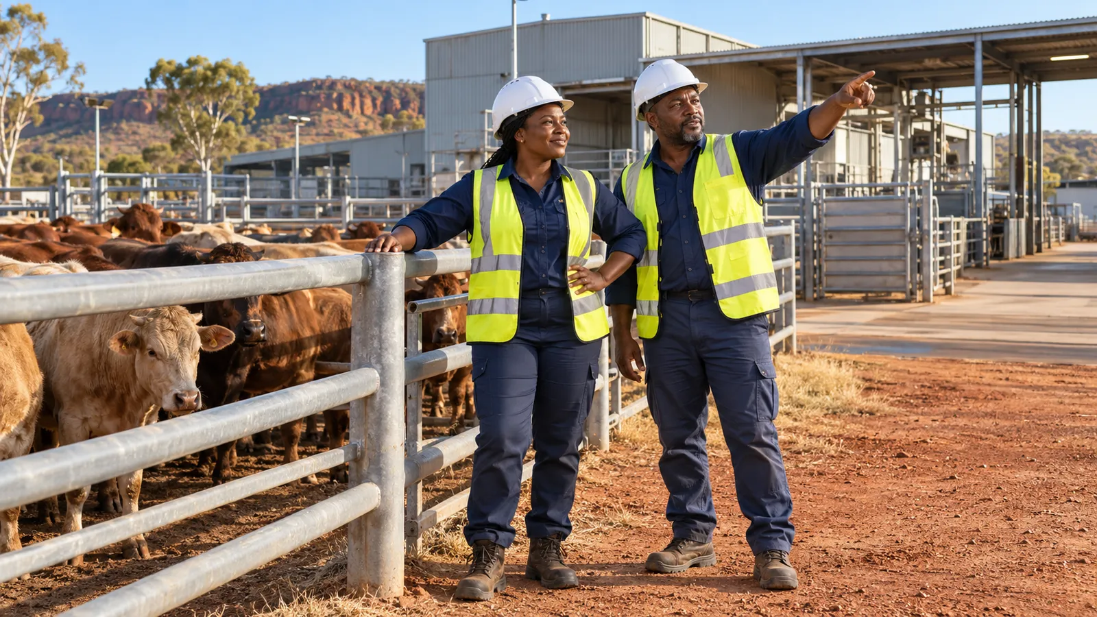 Two workers in safety gear stand beside cattle pens at a sunlit regional Australian processing facility.