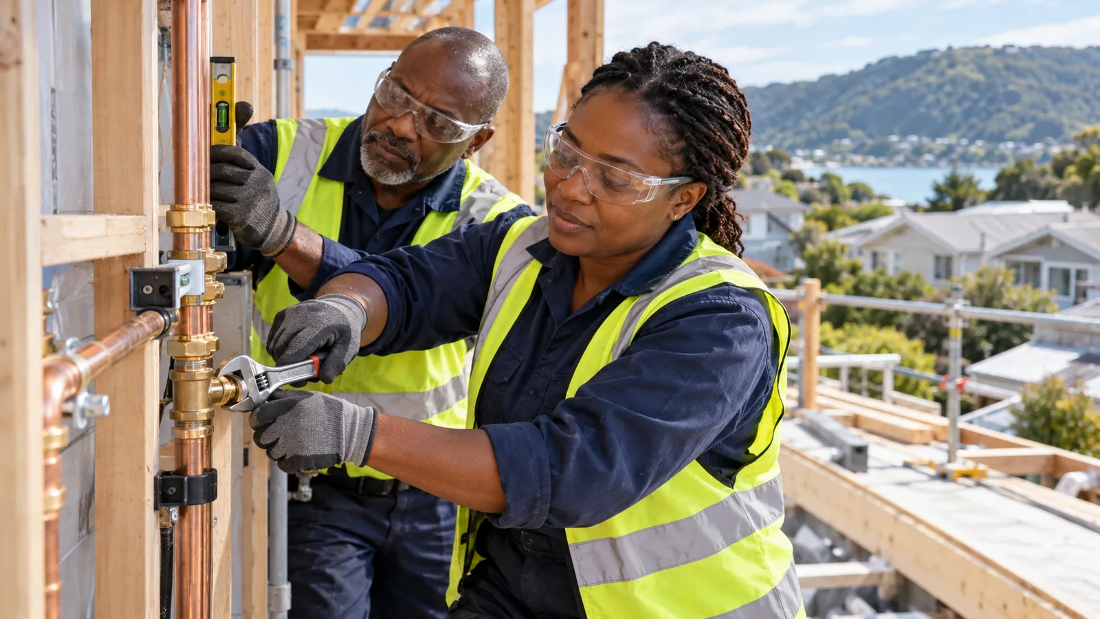 Two plumbers fit copper pipes in a timber-framed New Zealand home overlooking a coastal neighbourhood.