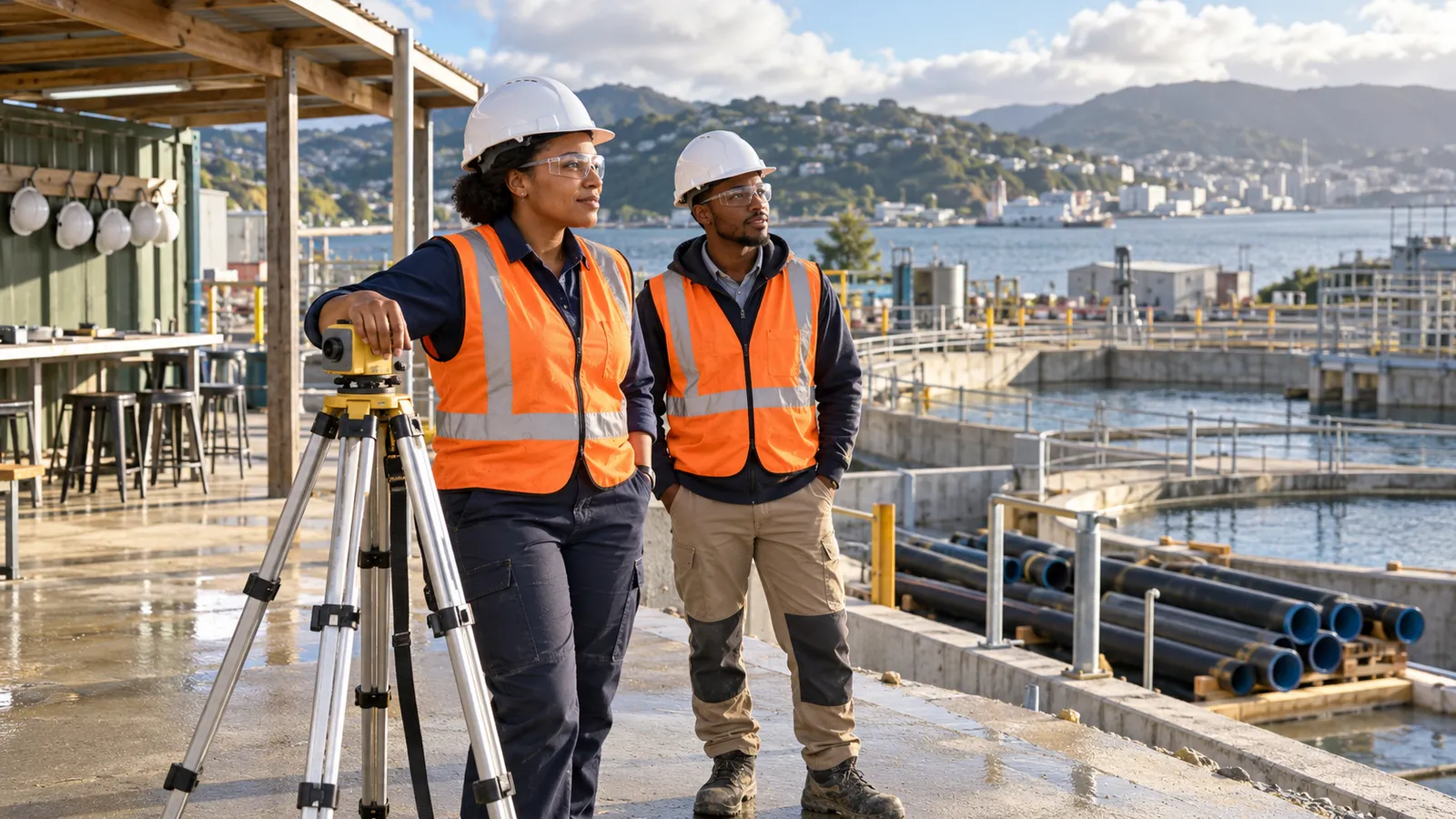 Two engineers in safety gear stand beside surveying equipment at a harbour-side water infrastructure site.