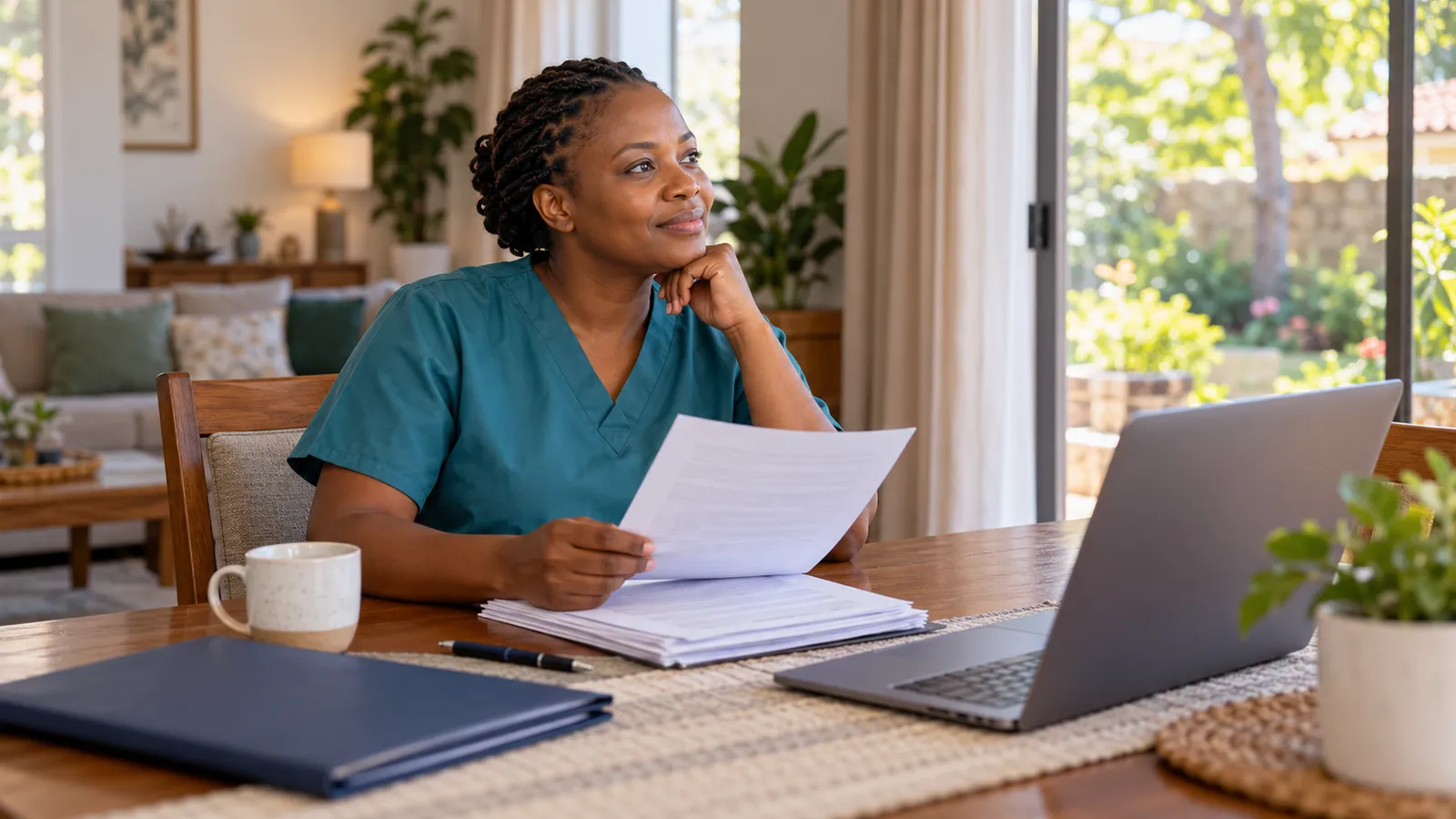 A Zimbabwean nurse in teal scrubs holds paperwork beside a laptop at a sunlit table at home.