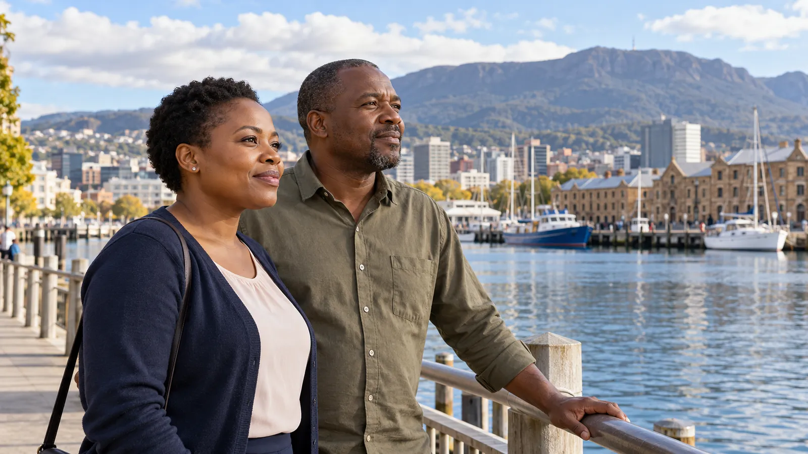 A Zimbabwean woman and man stand beside Hobart’s waterfront, with boats and Mount Wellington behind them.