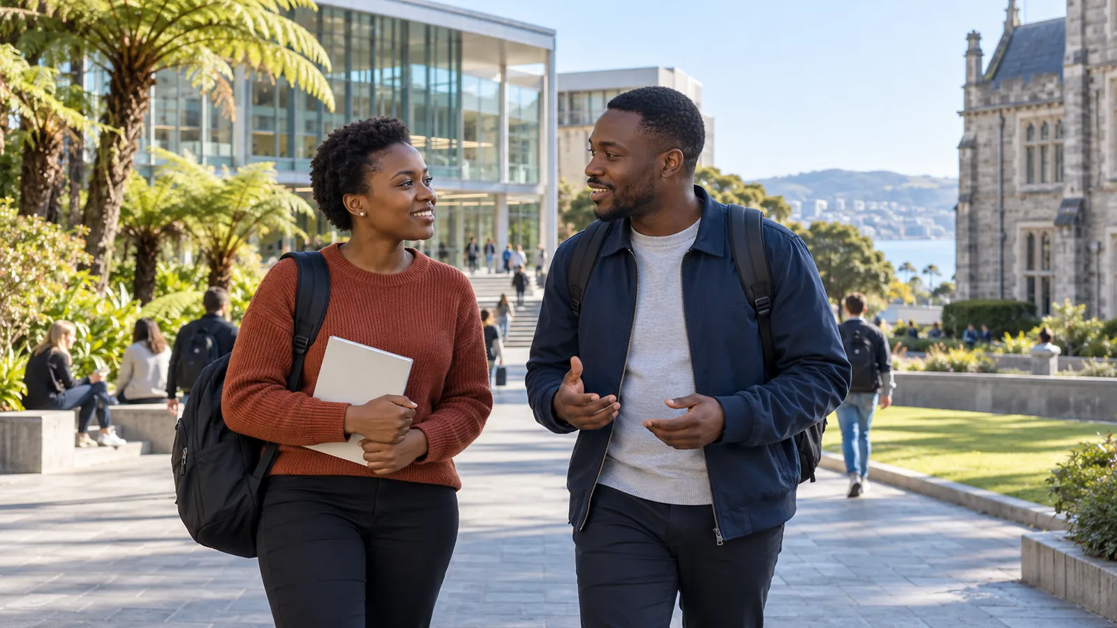 Two Zimbabwean students with backpacks chat in a sunny New Zealand university courtyard.