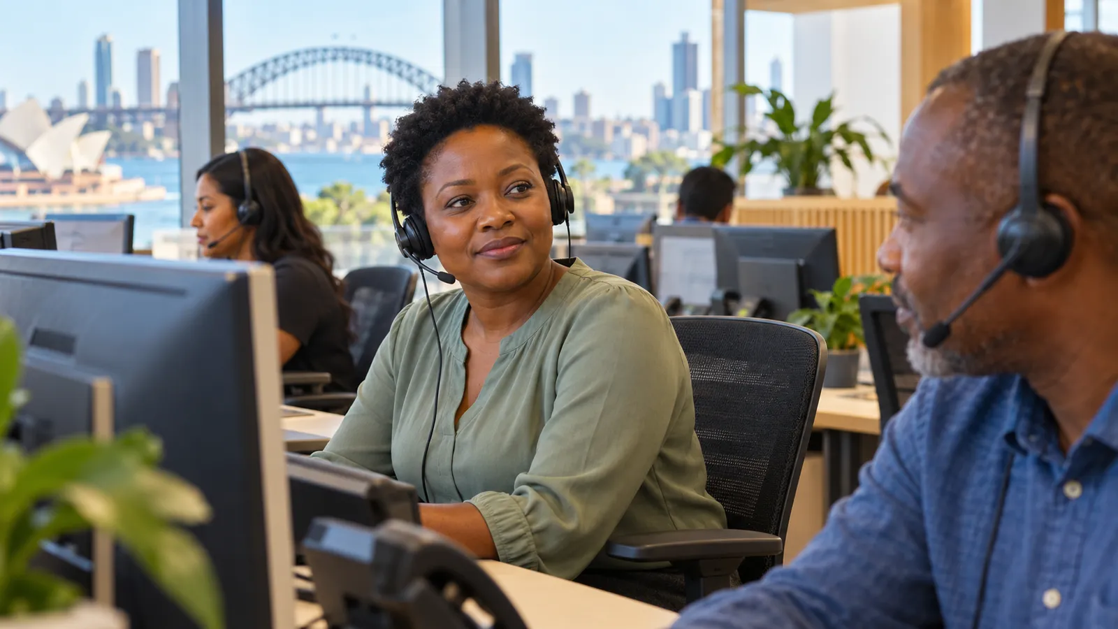 A woman wearing a headset exchanges a glance with a colleague in a sunlit customer care office overlooking Sydney Harbour.