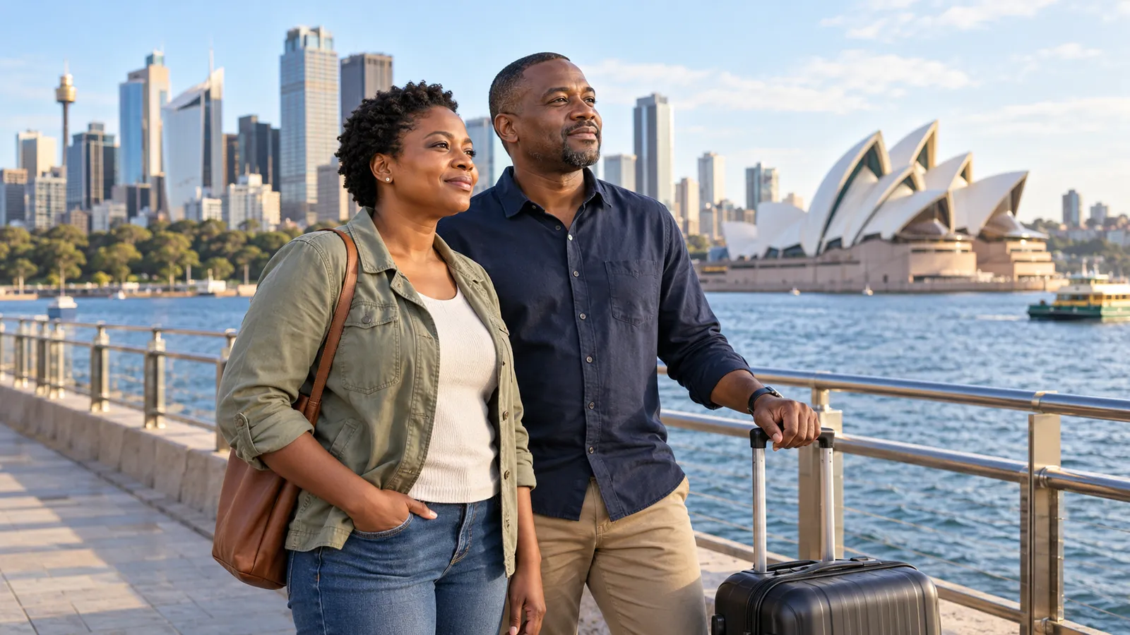 A couple with a suitcase stands beside Sydney Harbour, with the Opera House and city skyline behind them.