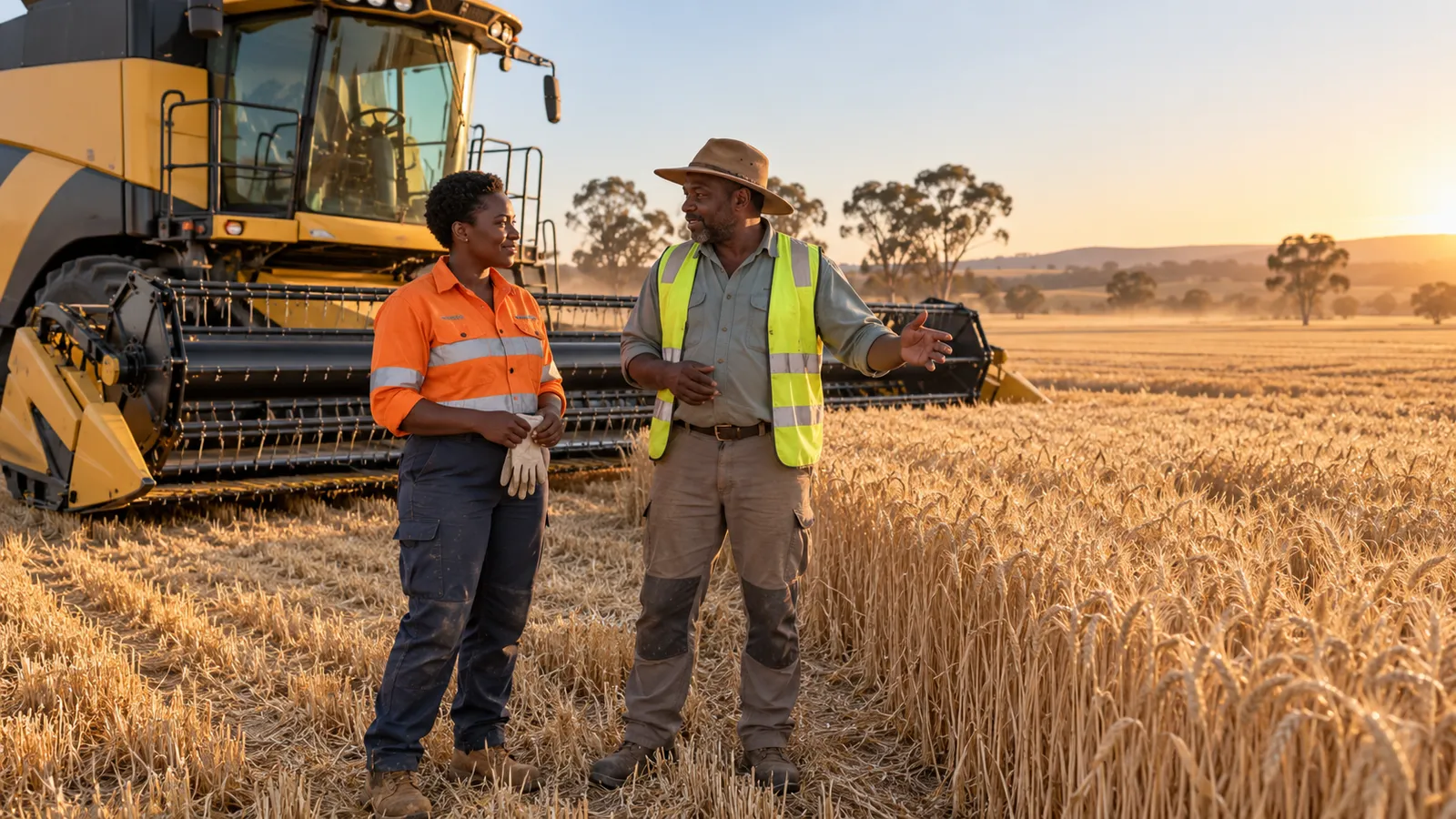 Two farm workers talk beside a parked combine in a golden Australian wheat field in warm morning light.