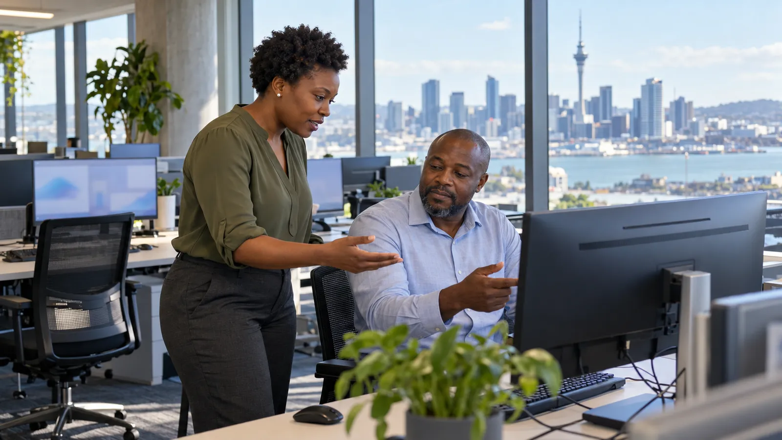 Two Zimbabwean tech professionals collaborate at a desktop in a sunlit office overlooking Auckland’s skyline.