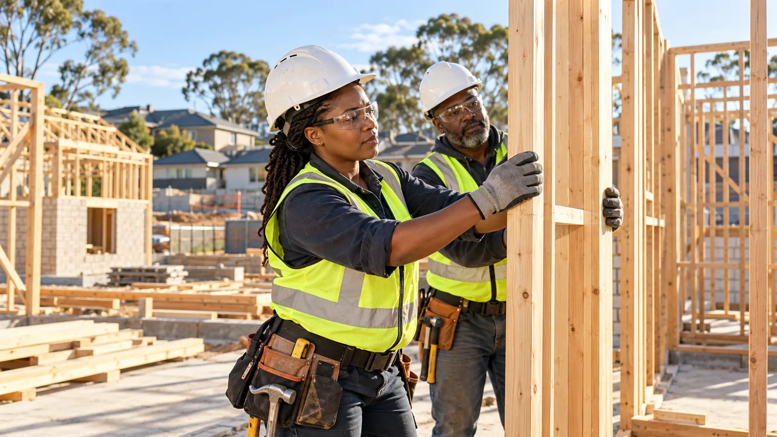 Two Zimbabwean tradespeople in safety gear position timber framing at a sunlit Australian housing construction site.