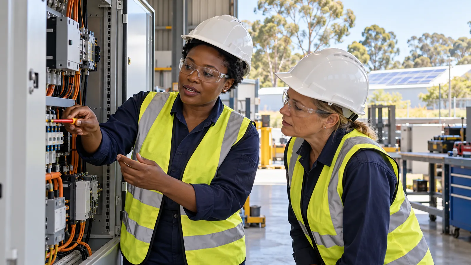 Two women engineers in safety gear inspect an electrical control cabinet in a sunlit Australian workshop.