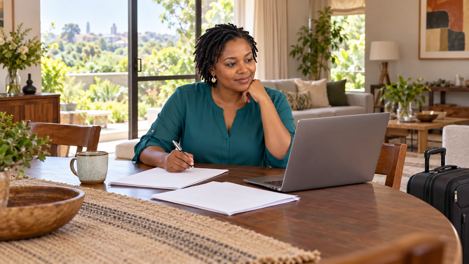 A Zimbabwean woman sits at a sunlit table with a laptop, papers and a suitcase beside her.