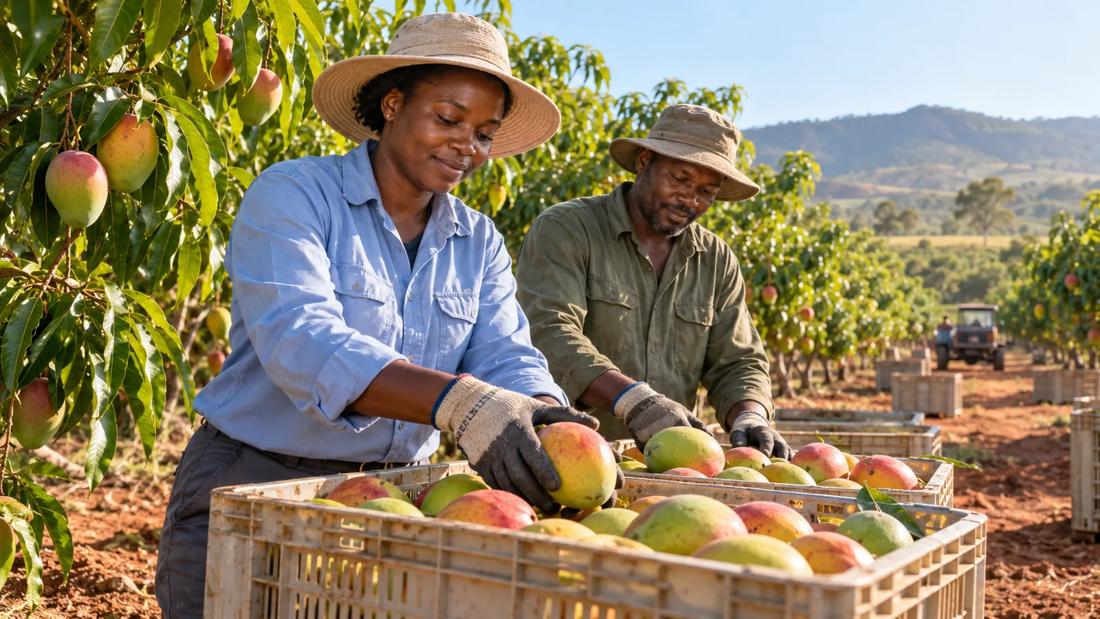 Two workers in sun hats pack ripe mangoes into crates in a sunlit Australian orchard.