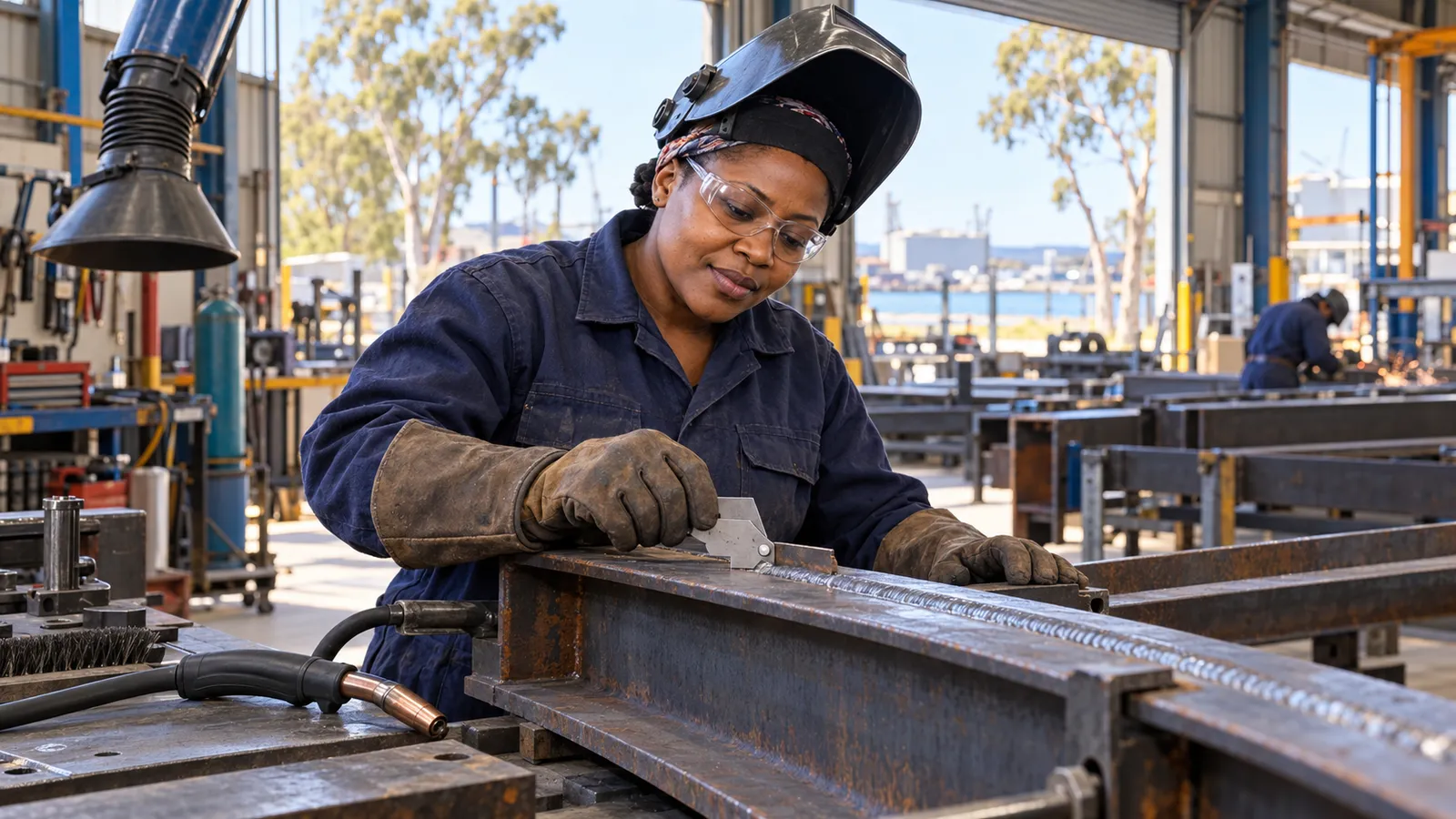 A woman in protective workwear inspects a steel beam weld in a sunlit Australian fabrication workshop.