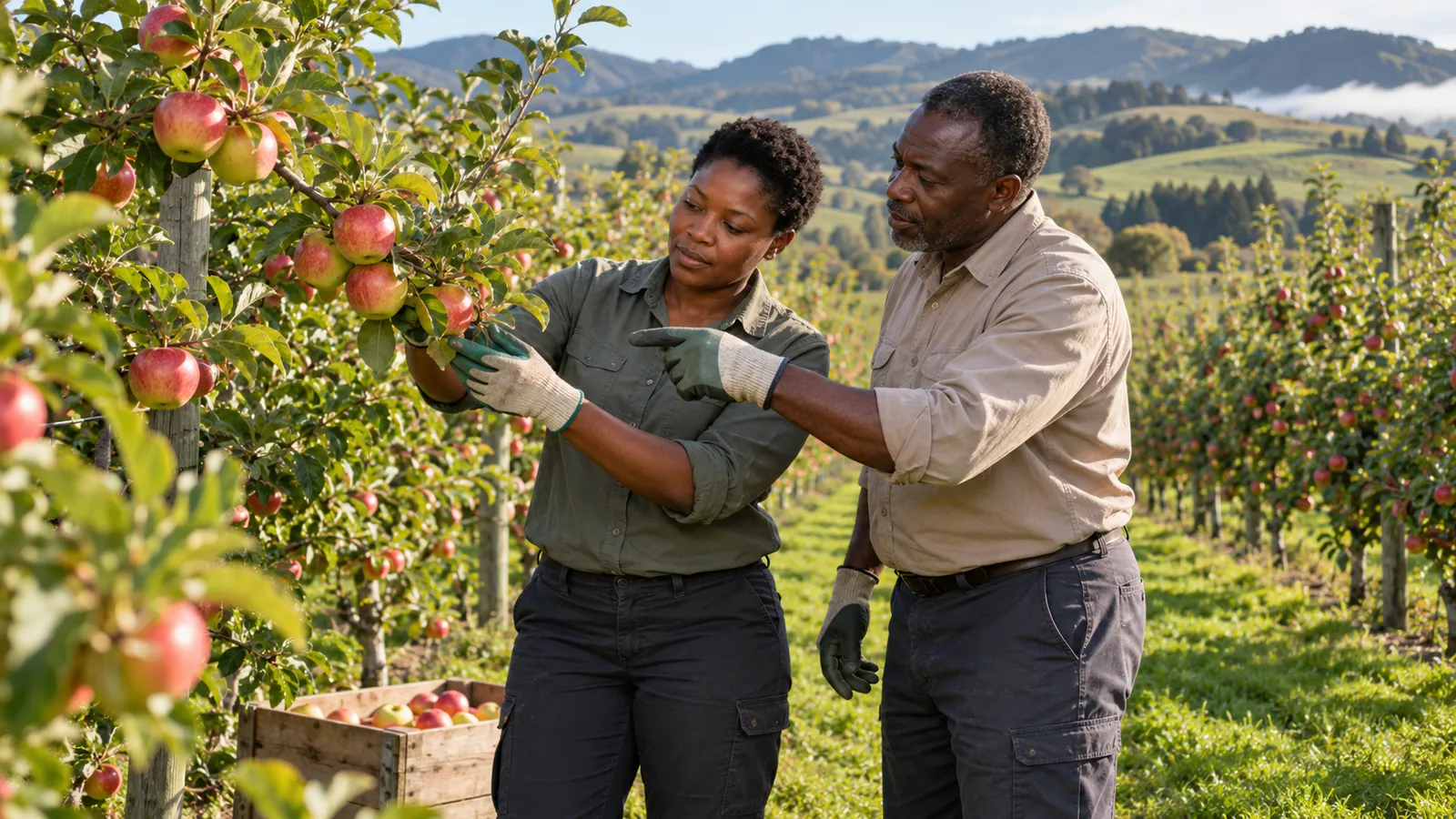 A woman examines an apple branch while a trainer guides her in a sunlit New Zealand orchard.