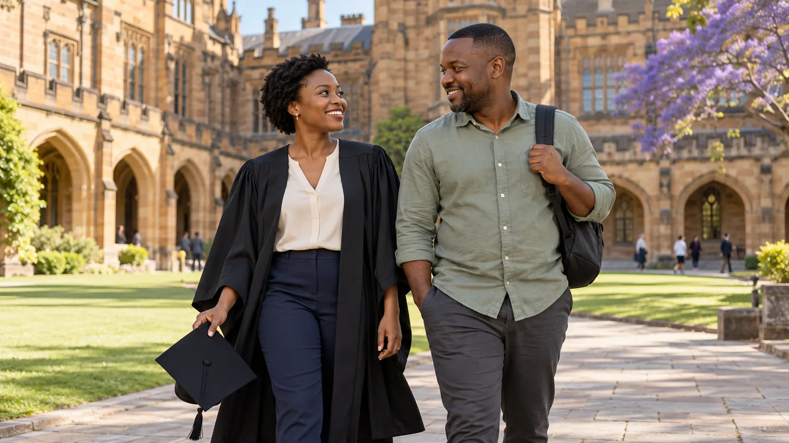 A graduate carrying her mortarboard walks beside her partner through a sunlit sandstone university courtyard.