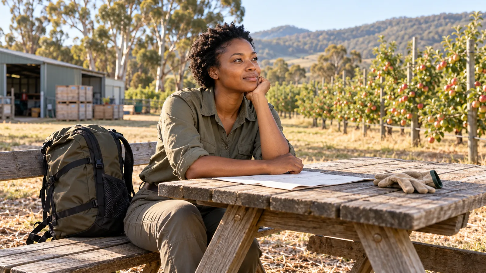 A Zimbabwean woman sits beside her backpack at a picnic table in a sunlit Australian orchard.