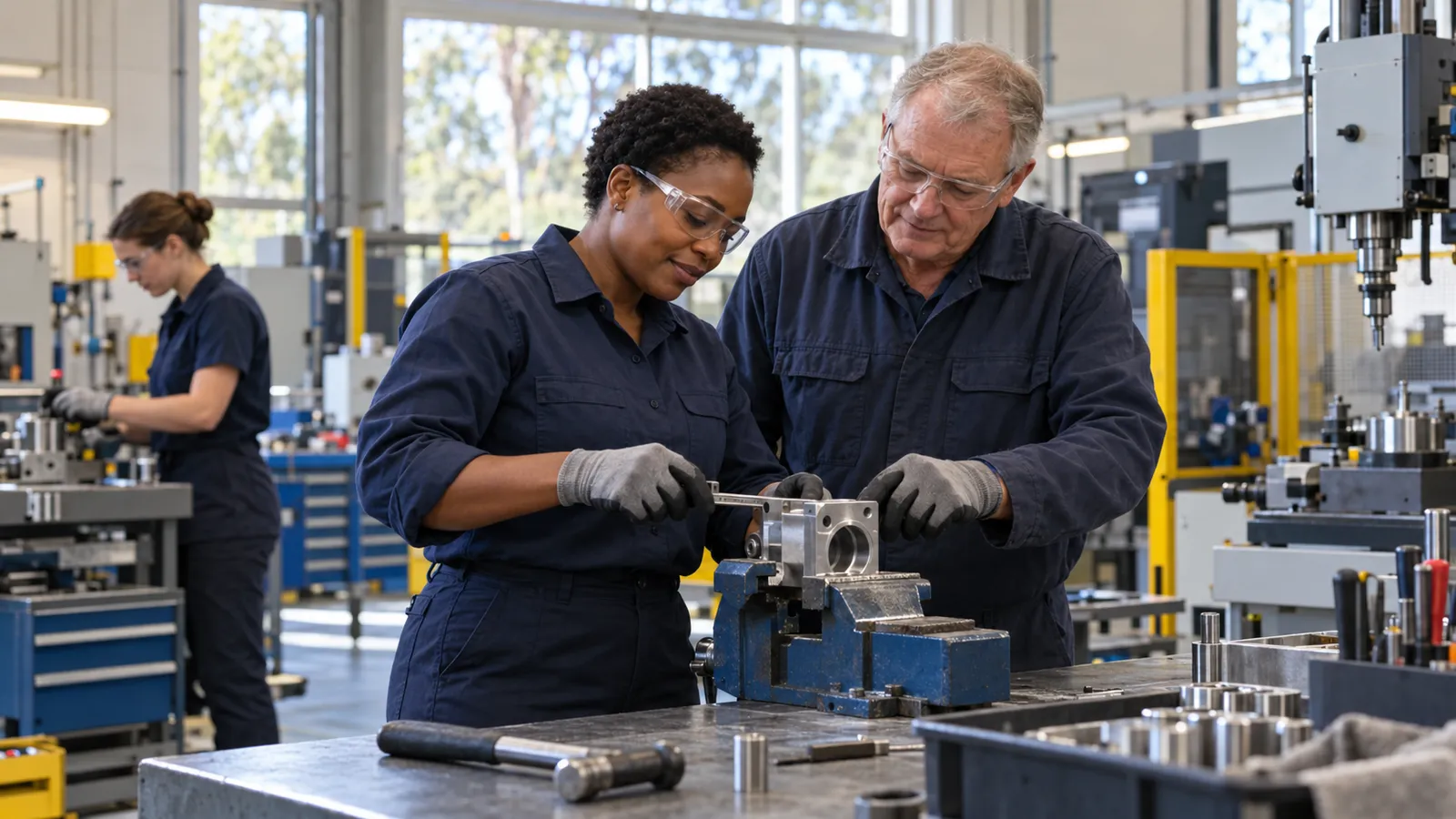 A woman and an older colleague inspect a metal component in a bright workshop as another worker works behind them.