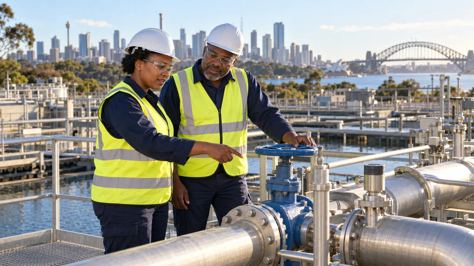 Two Zimbabwean workers inspect a water valve in safety gear, with Sydney Harbour Bridge behind them.