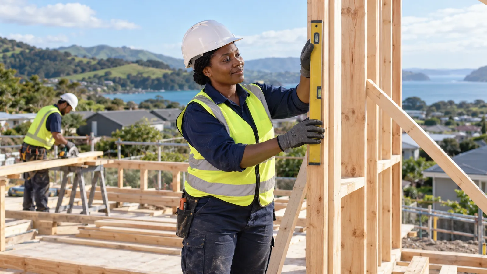 A Zimbabwean carpenter checks timber framing with a spirit level at a coastal New Zealand construction site.