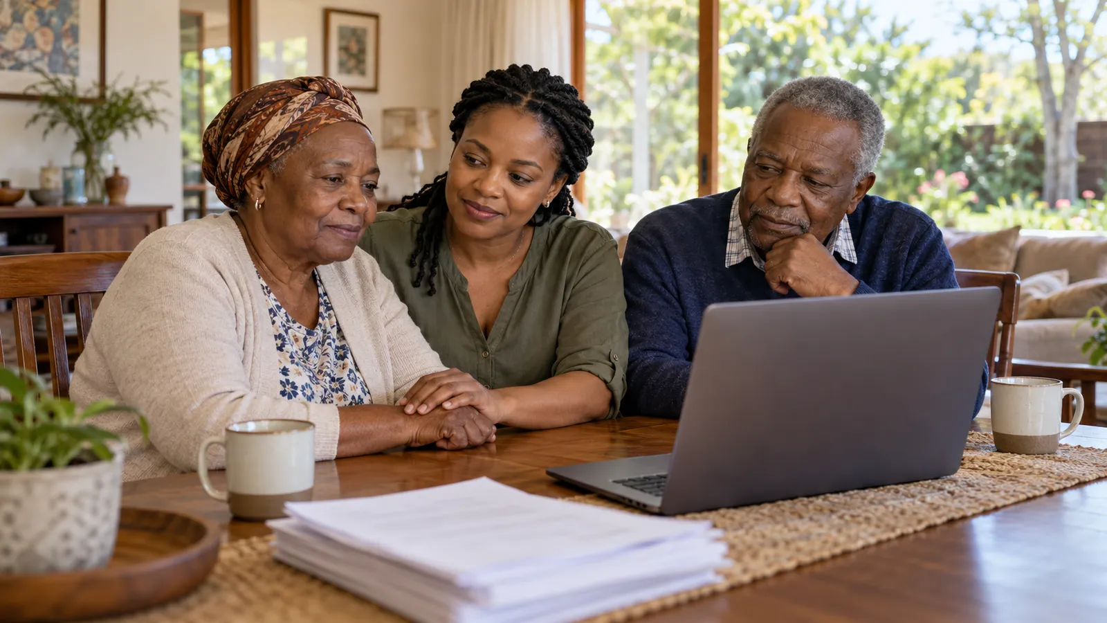 A Zimbabwean woman comforts her ageing parents beside a laptop and papers at their sunlit dining table.