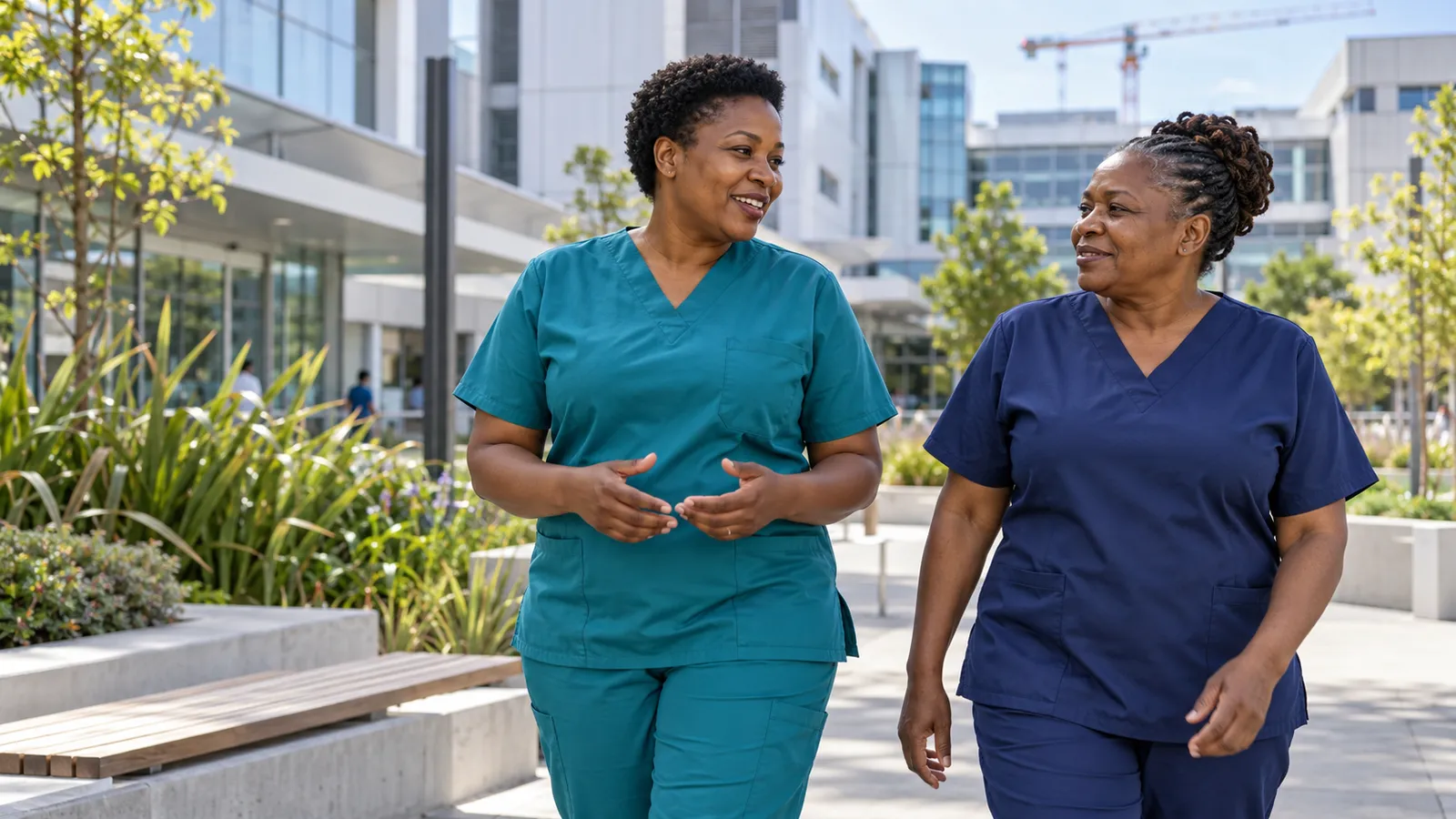 Two healthcare workers in teal and navy scrubs chat in a sunlit courtyard outside a modern hospital.
