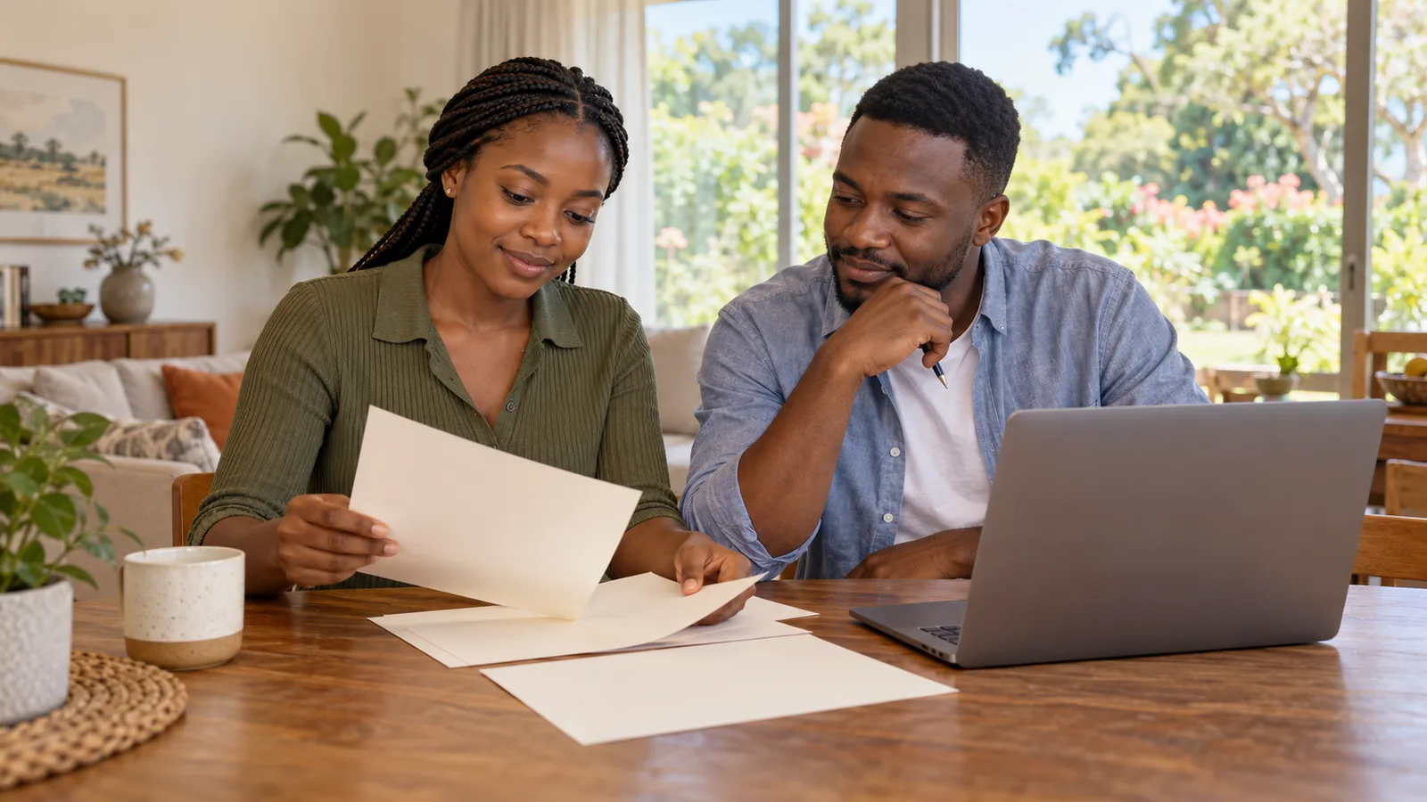 Two Zimbabwean adults review papers beside a laptop at home as they plan to study in Australia.
