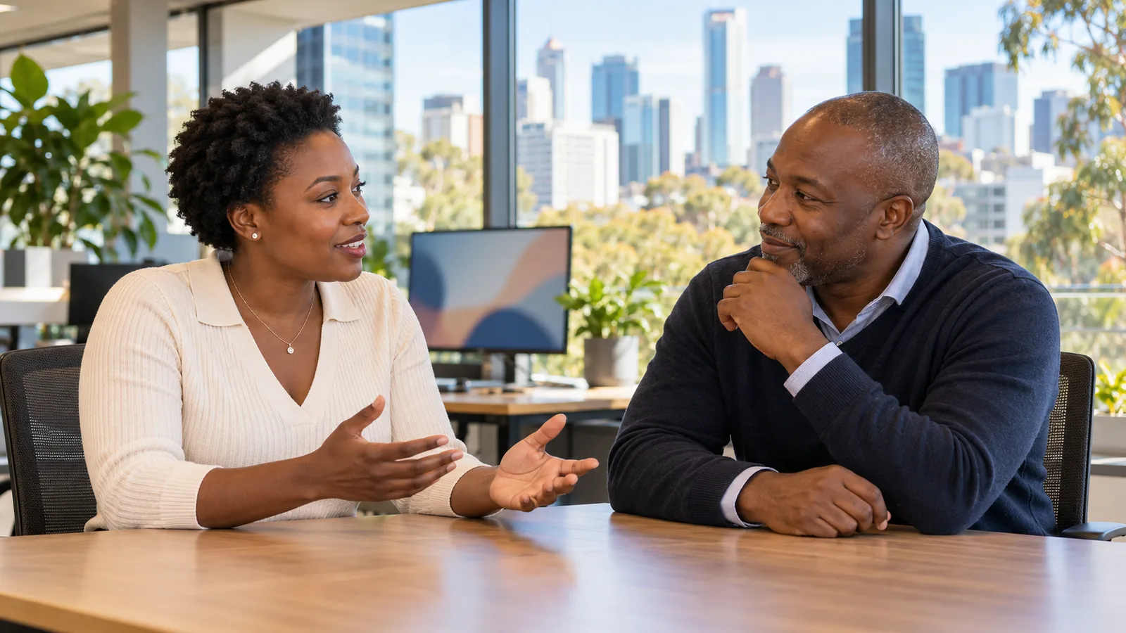 Two Zimbabwean professionals discuss work at a shared table in a bright Australian office.