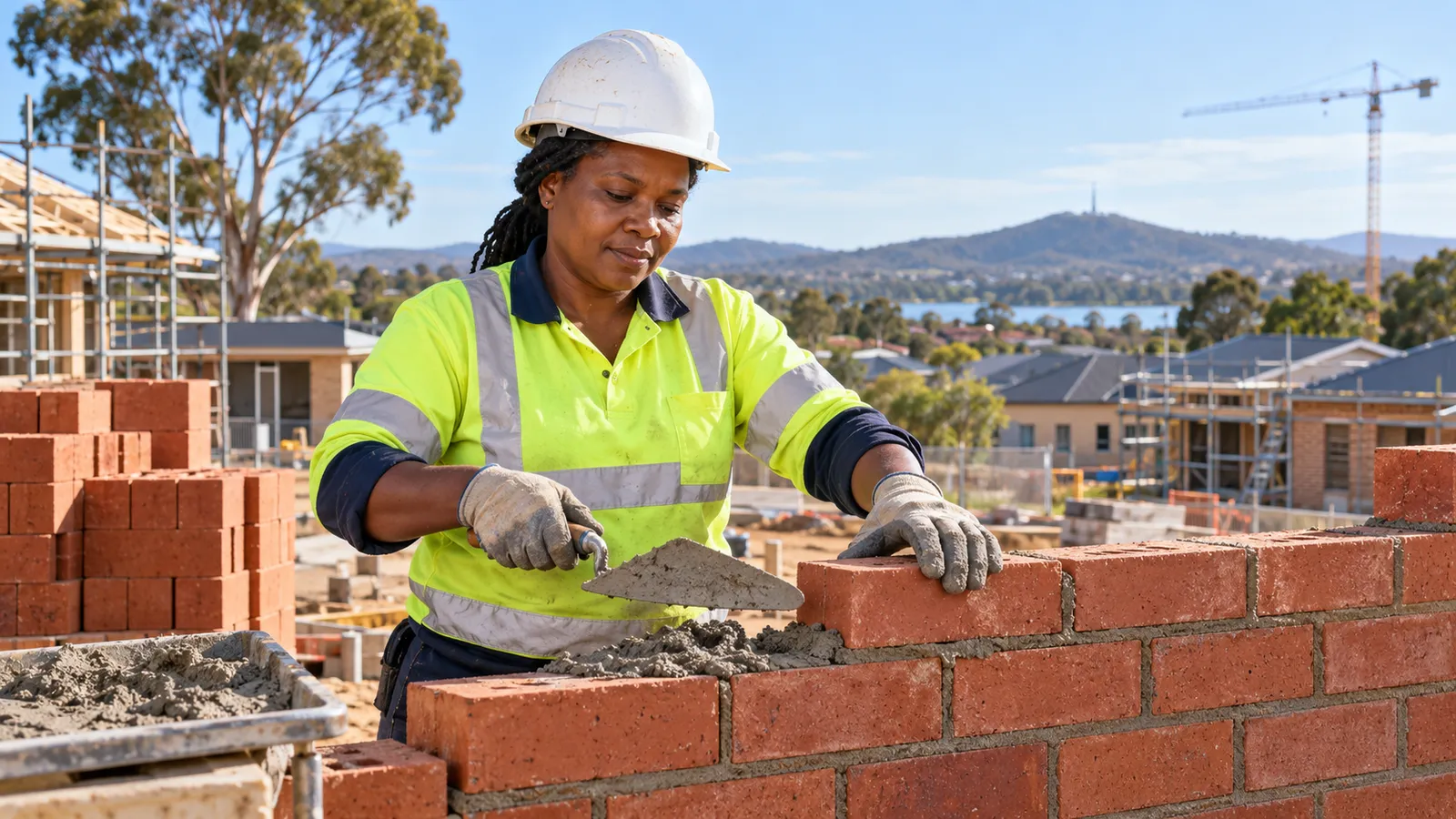 A woman in a hard hat and high-visibility shirt lays red bricks at a sunny Canberra construction site.