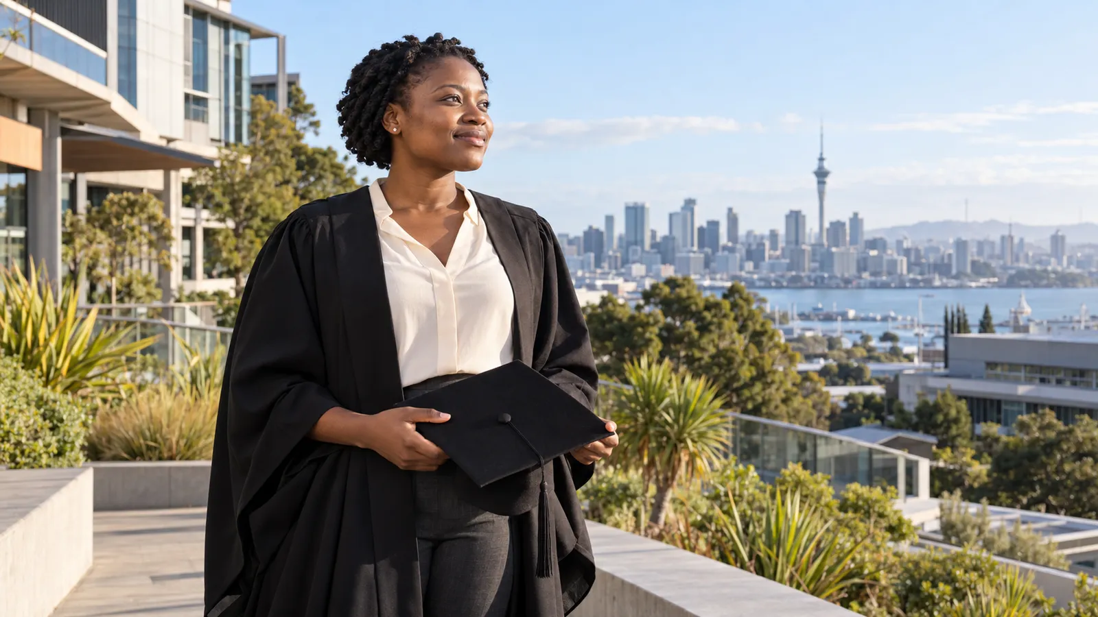 A Zimbabwean graduate holds her mortarboard on a sunlit university terrace overlooking Auckland’s skyline.