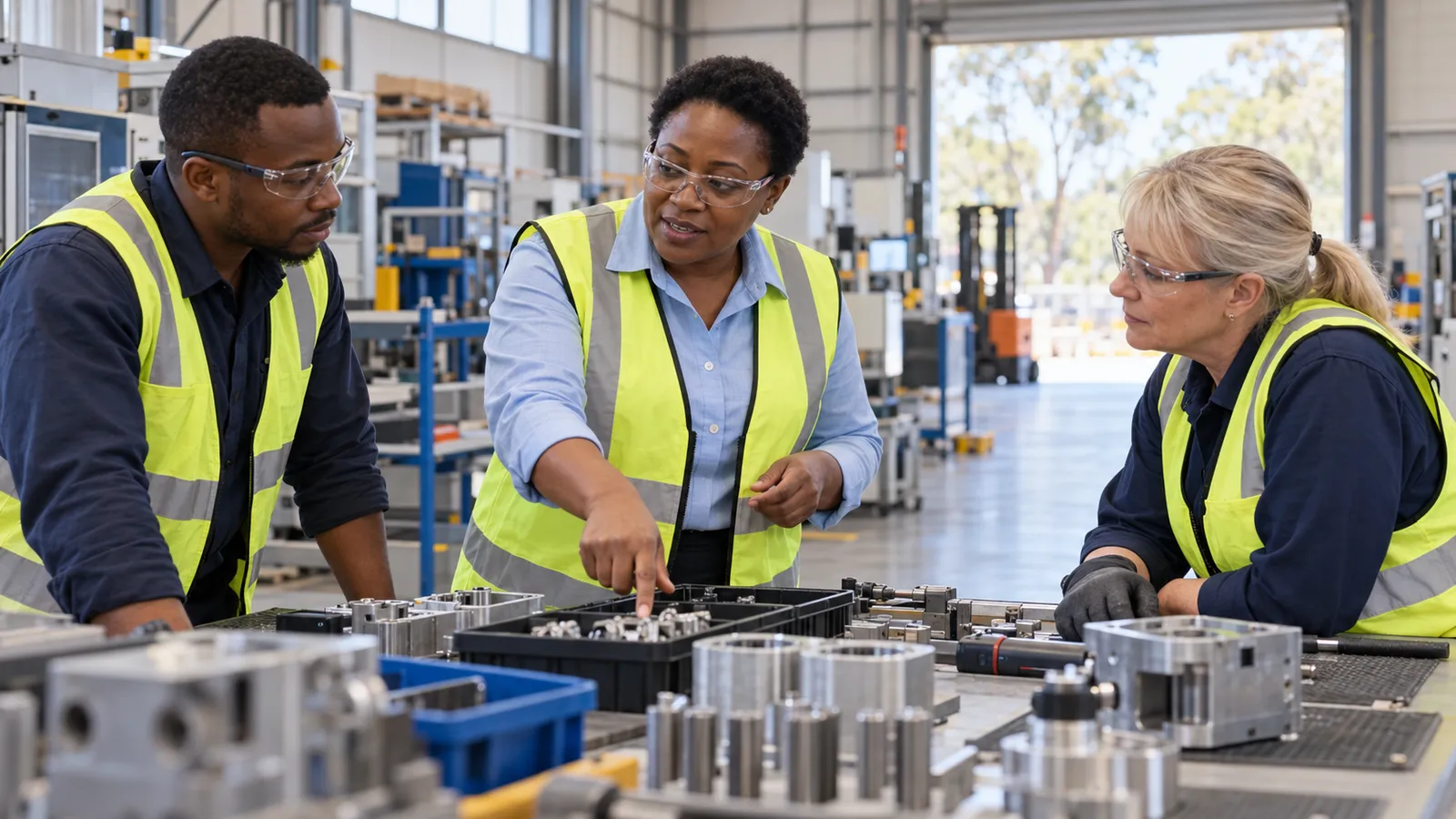 A Zimbabwean manager in a safety vest discusses metal components with two colleagues at a bright factory workbench.