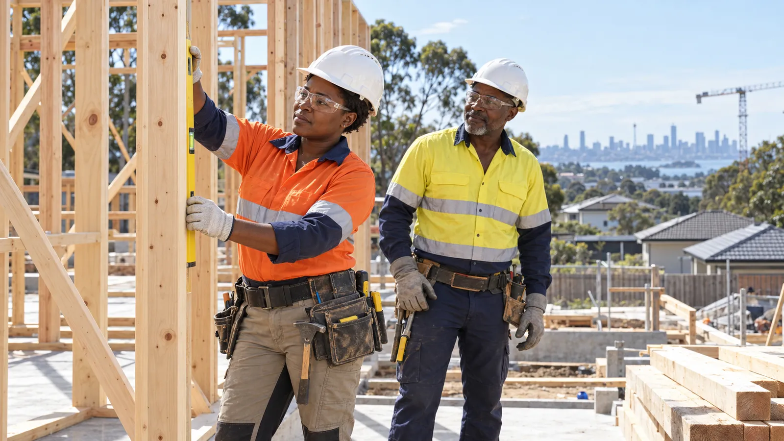 Two tradespeople in safety gear check timber framing at a sunny construction site overlooking an Australian city.