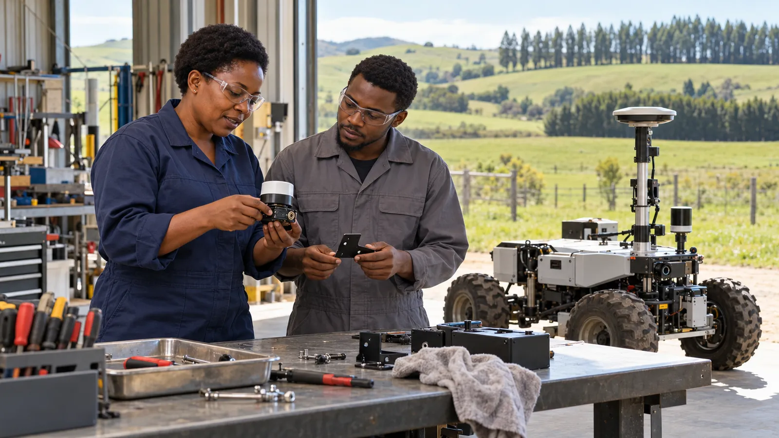 Two technicians inspect a sensor beside an agricultural robot in a sunlit workshop overlooking green farmland.