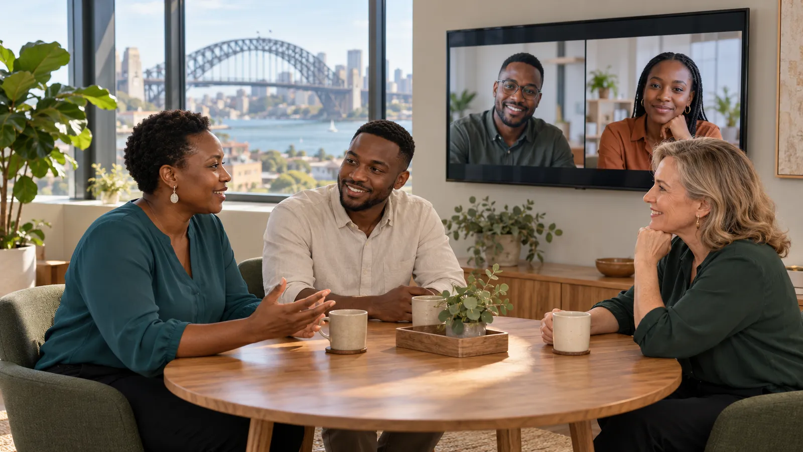 Colleagues meet around a wooden table with remote teammates on screen in a sunlit office overlooking Sydney Harbour.