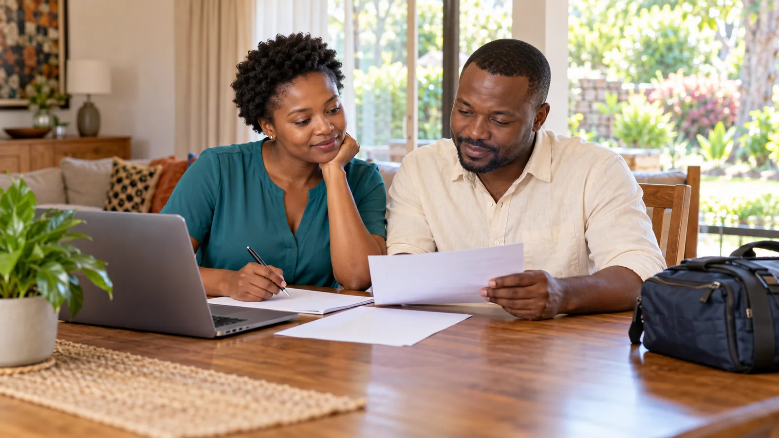 A Zimbabwean couple reviews papers beside a laptop and travel bag at a sunlit dining table.