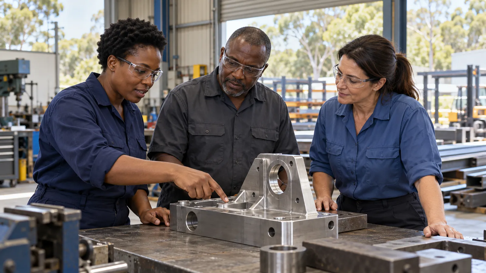 Three workers wearing safety glasses examine a machined metal component in a sunlit workshop.