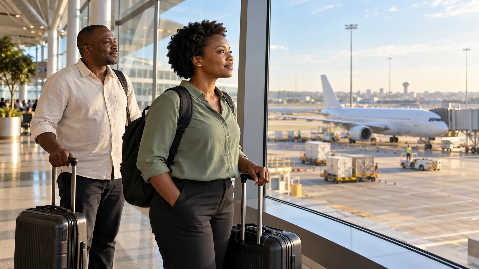 Two Zimbabwean travellers with suitcases gaze through sunlit airport windows at a waiting passenger plane.