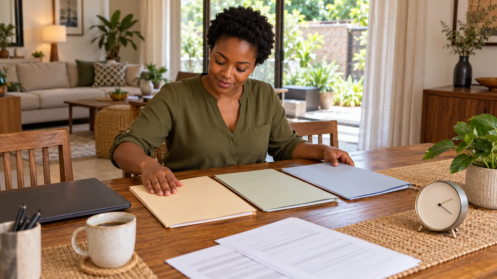A woman arranges folders at a sunlit dining table beside a closed laptop and a small clock.