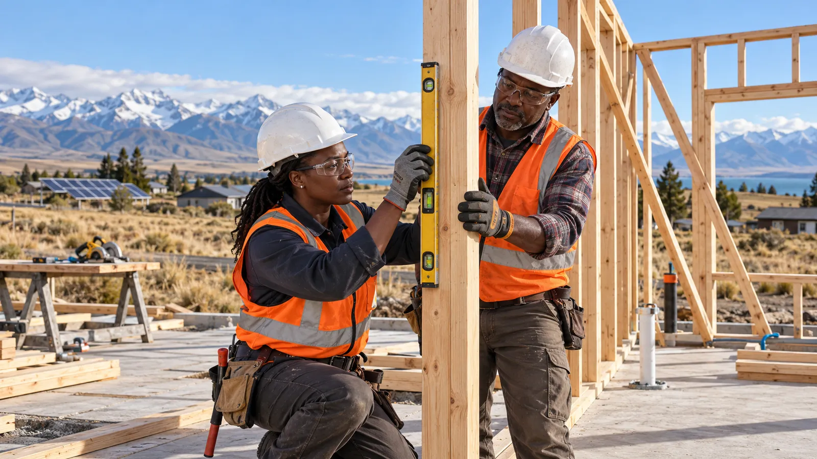 Two tradespeople check timber framing at a rural New Zealand building site beneath snow-capped mountains.