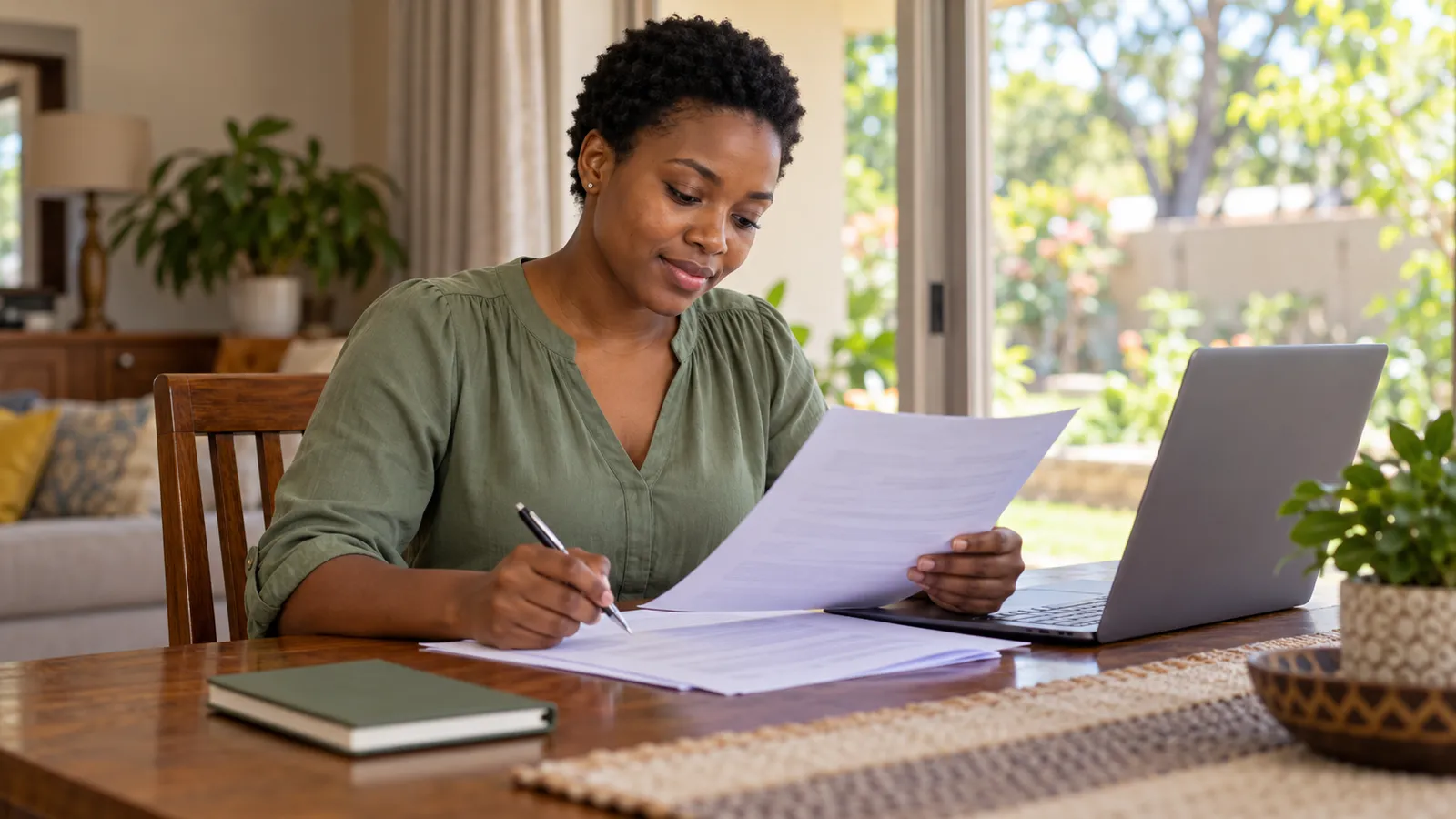 A Zimbabwean woman reviews application papers beside a laptop at a sunlit table in her home.