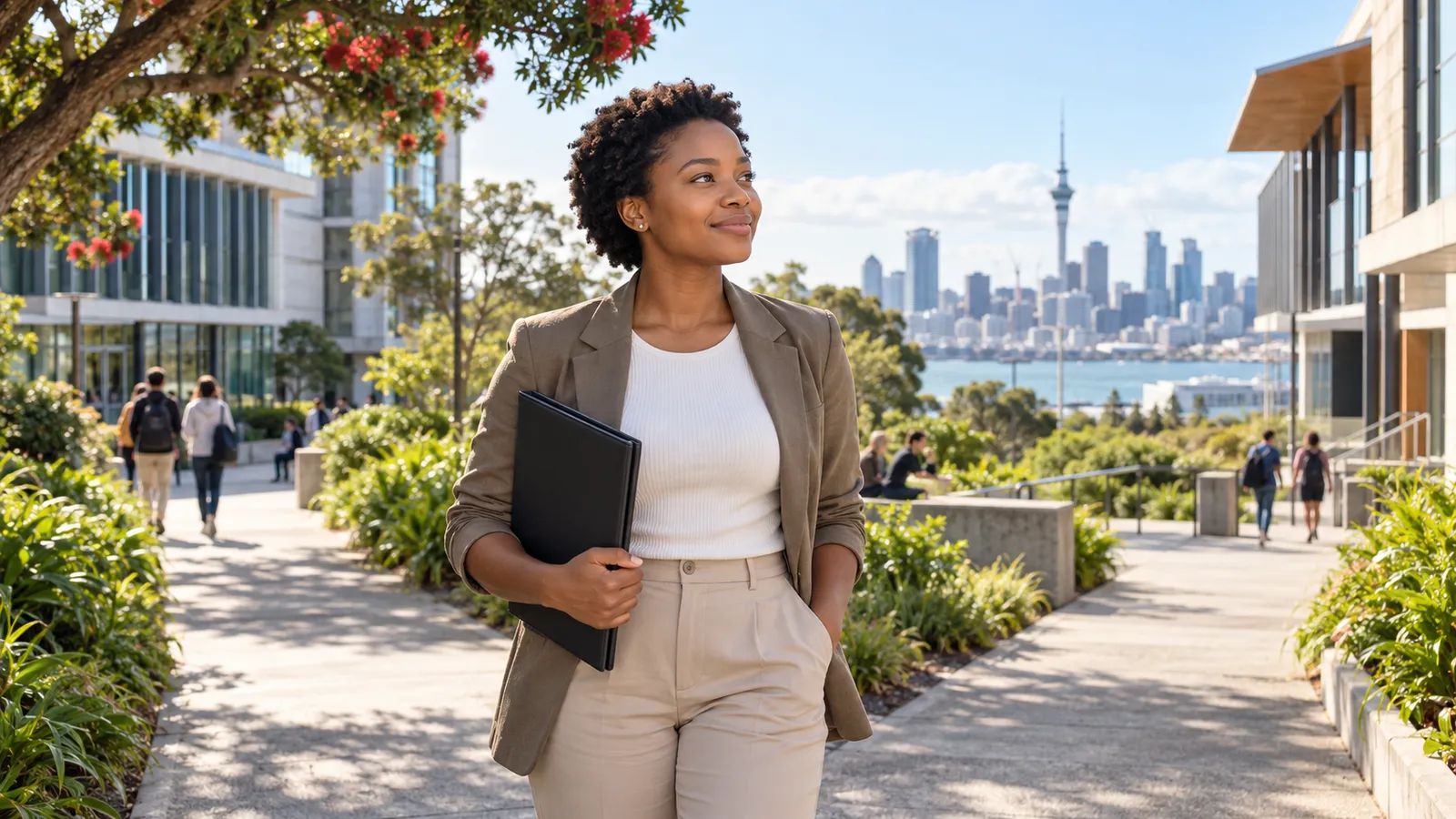 A woman holds a black portfolio on a sunny university campus with Auckland’s skyline behind her.