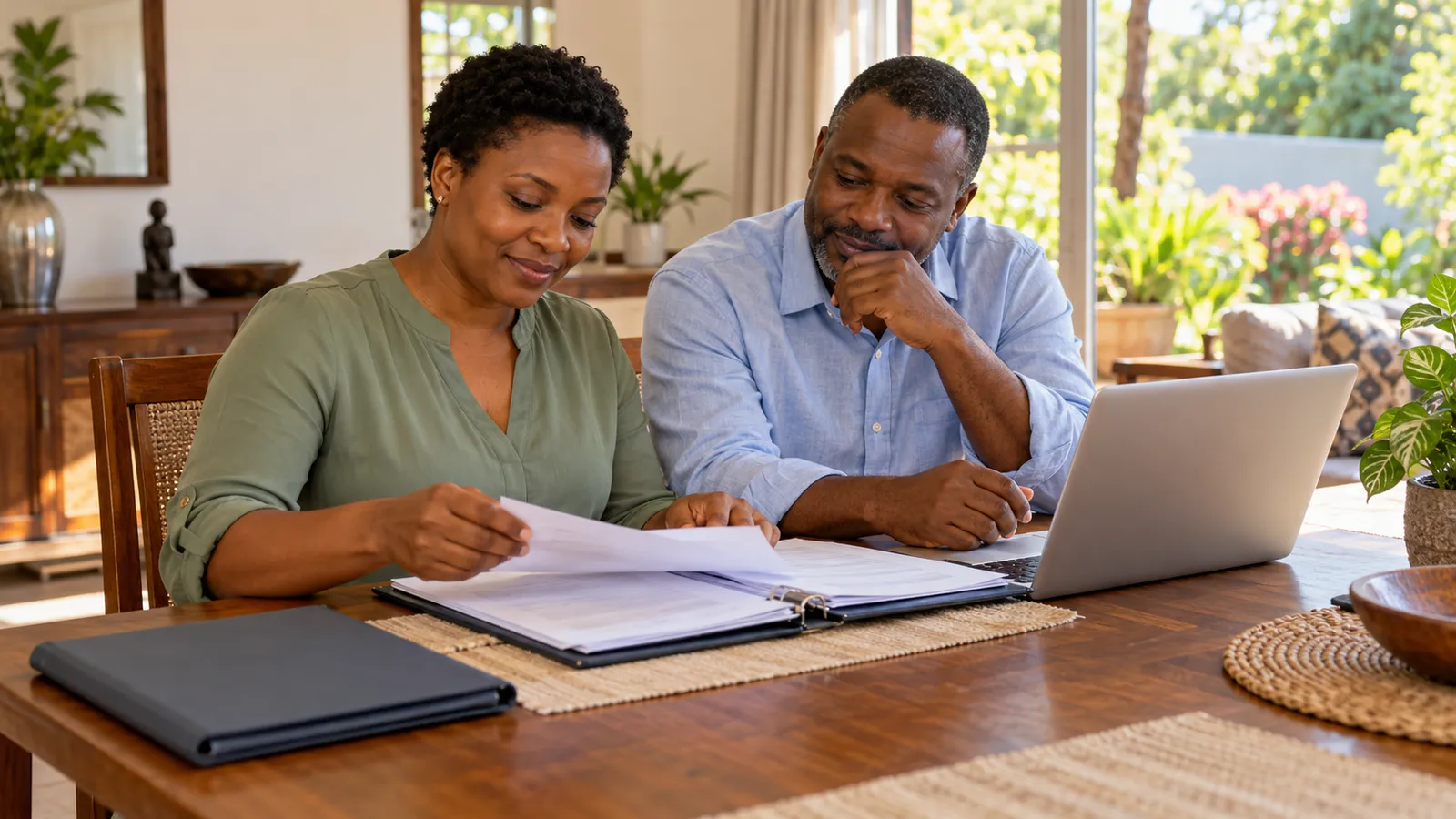 A Zimbabwean couple reviews paperwork beside a laptop at a wooden dining table in their sunlit home.