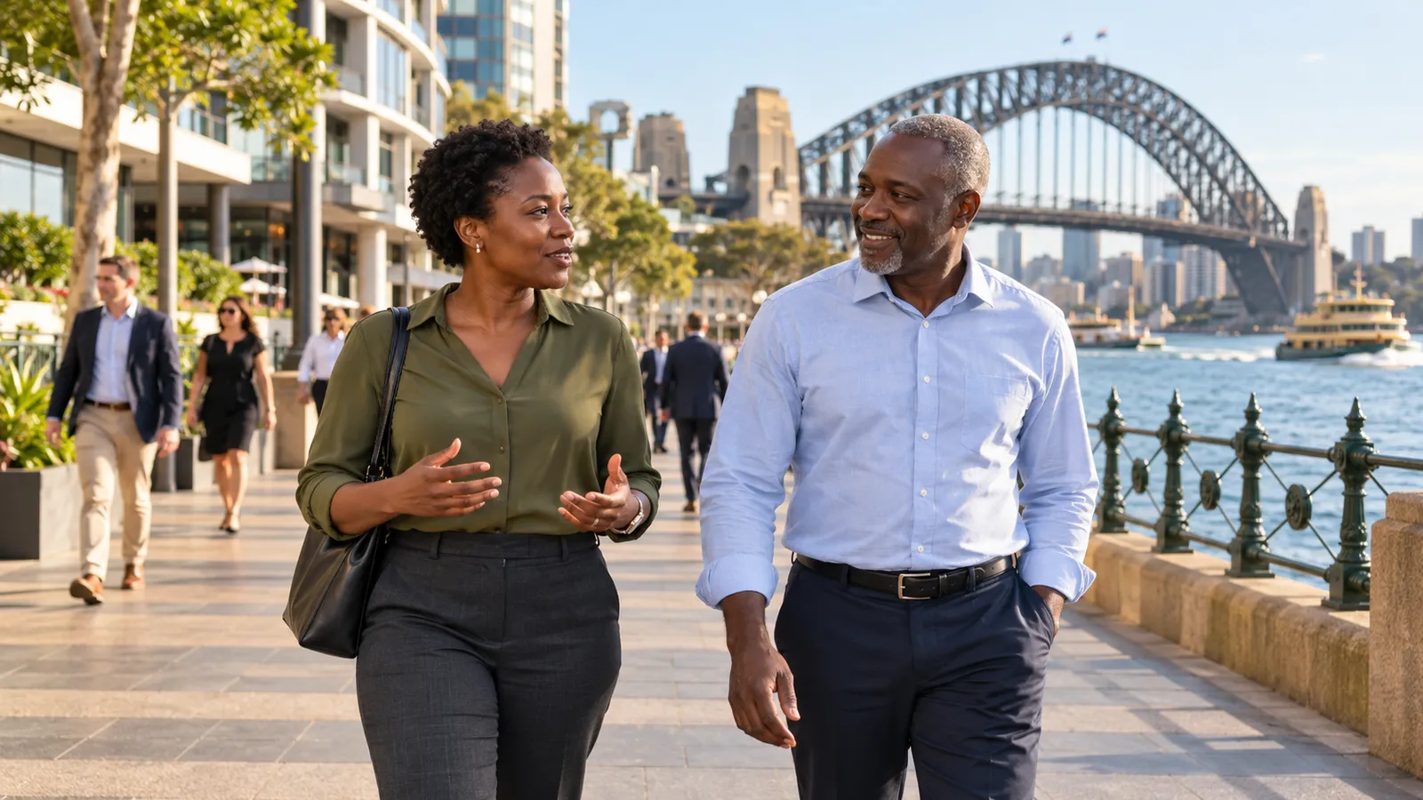 Two professionals chat while walking along Sydney’s sunny waterfront, with the Harbour Bridge behind them.