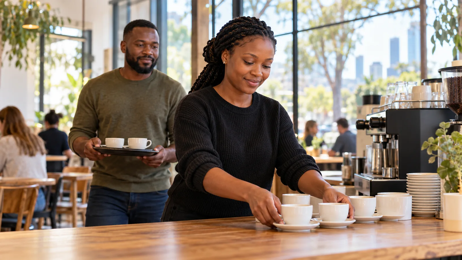 A Zimbabwean woman arranges cups at an Australian cafe counter while a male colleague carries a tray.