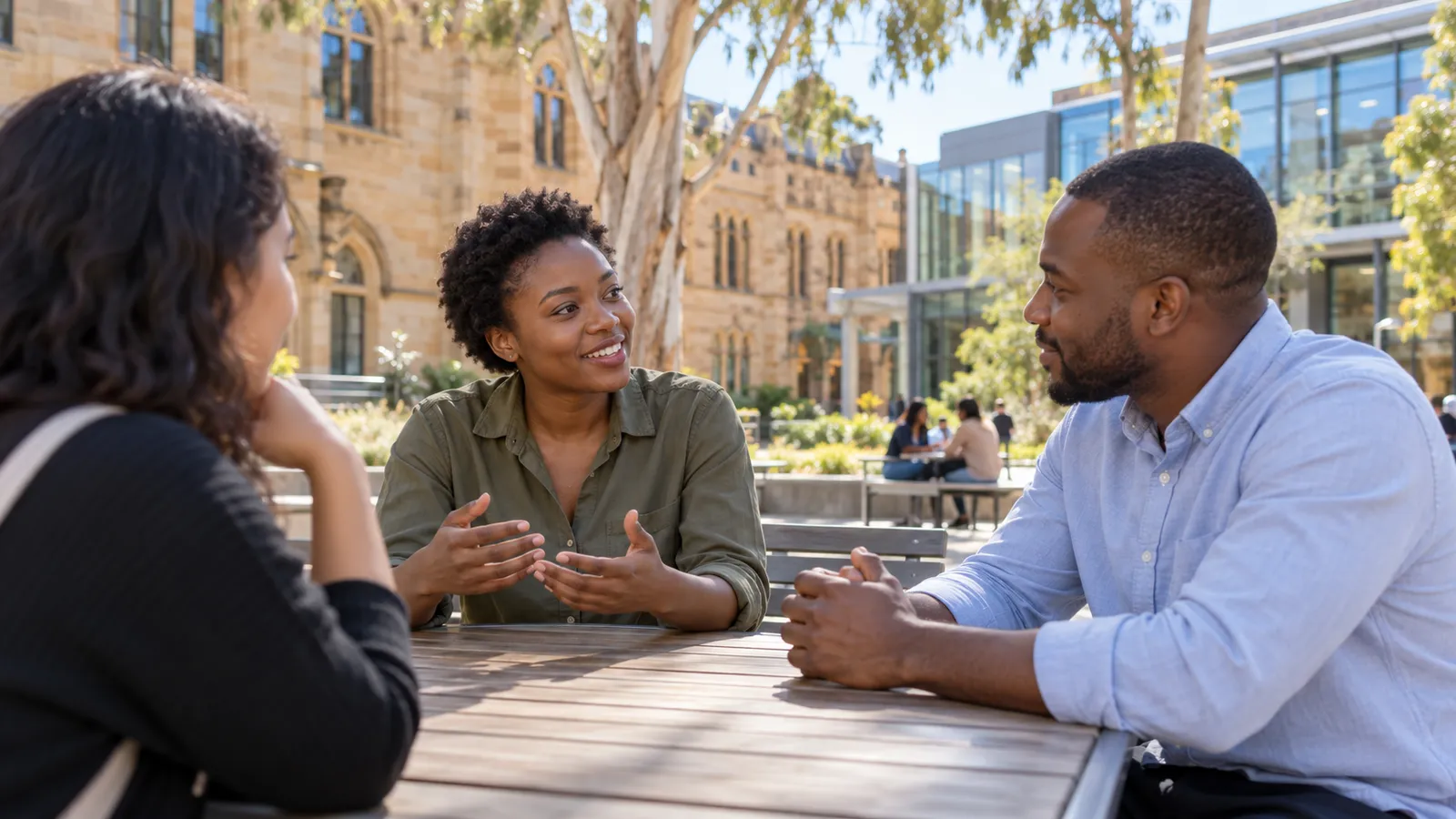 Three students share a relaxed conversation at an outdoor table in a sunlit Australian university courtyard.