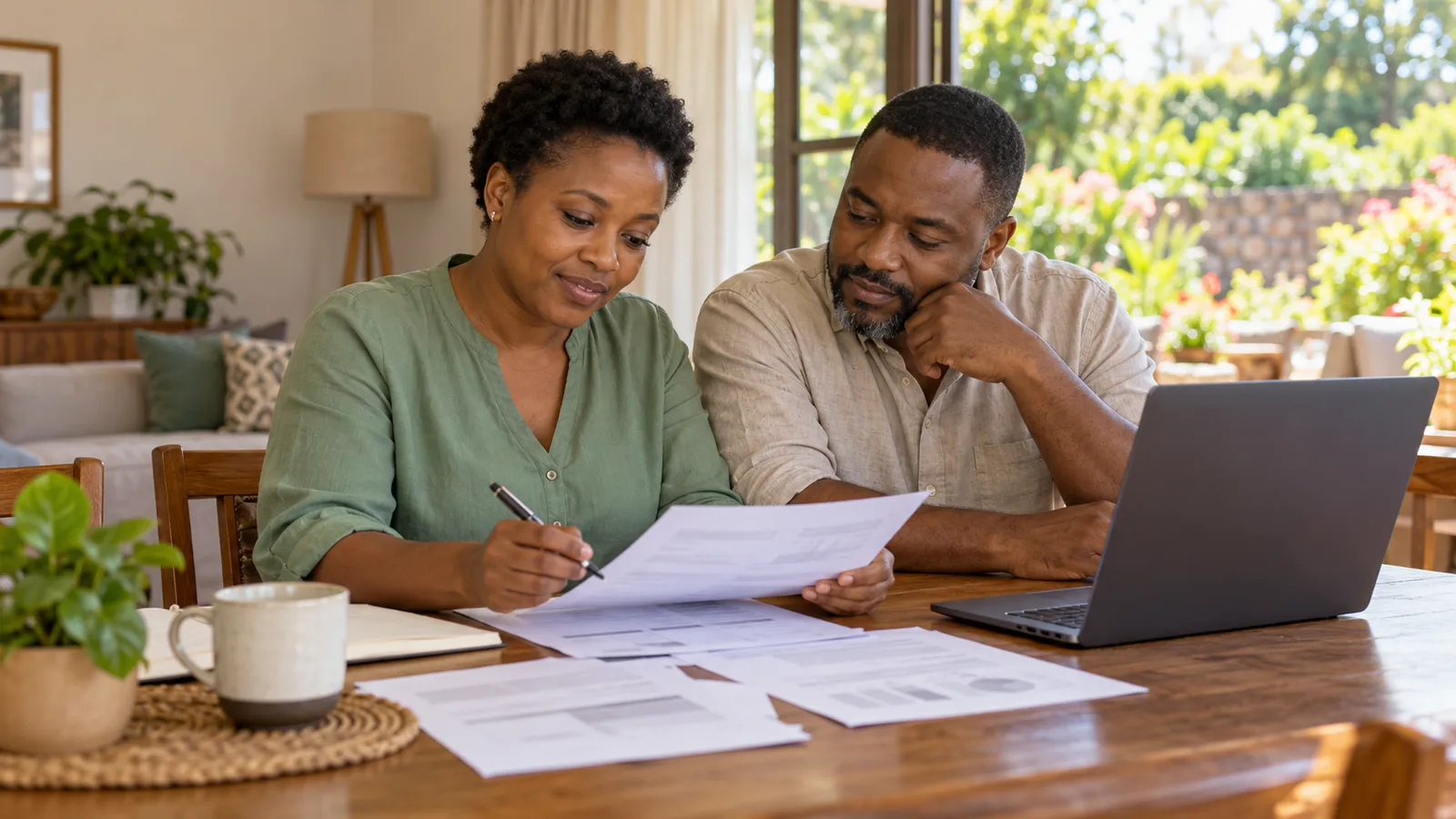 A Zimbabwean couple reviews paperwork beside a laptop at a wooden table in their sunlit home.